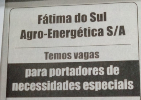 Fátima do Sul Agro-Energética contrata profissionais com necessidades especiais