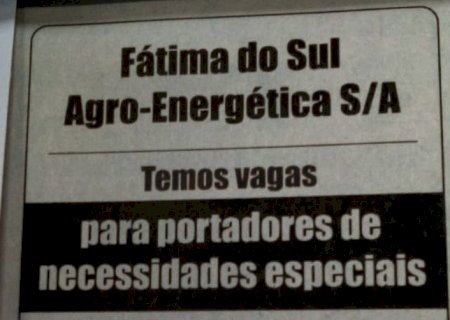 Fátima do Sul Agro-Energética contrata profissionais com necessidades especiais