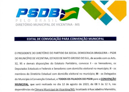 PSDB convoca filiados para convenção e eleger Diretório Municipal e Órgãos Partidários em Vicentina