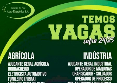 Usina Fátima do Sul Agro-Energética abre vagas de emprego nos setores agrícola e industrial