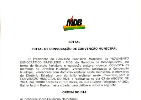 Edital de convocação de convenção municipal - MDB de Deodápolis