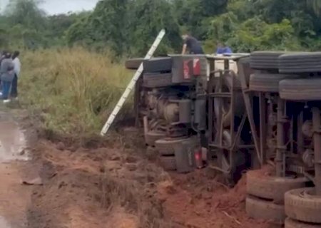 Motorista tenta desviar de buracos e carreta tomba na rodovia em Anauril&acirc;ndia